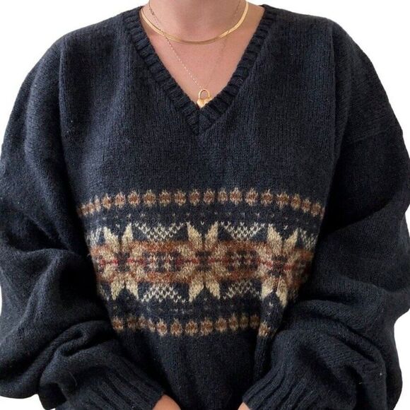 Vintage Eddie Bauer Mens Navy Blue Snowflake Wool V Neck Chunky Sweater XXL - Picture 2 of 6